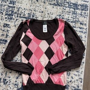 INC International Concepts Pink and Brown Argyle Scoop Neck Sweater